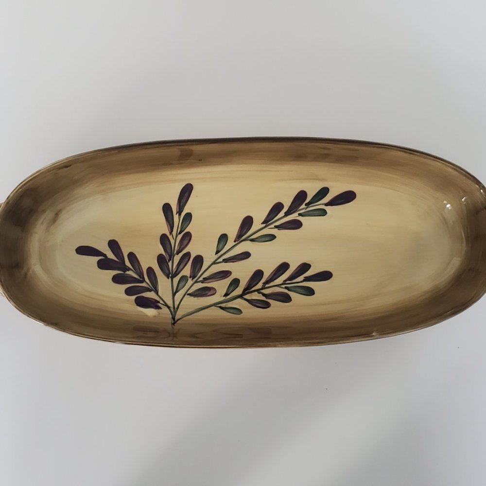 Hand painted ceramic server oblong olive branch two tone handles cottagecore